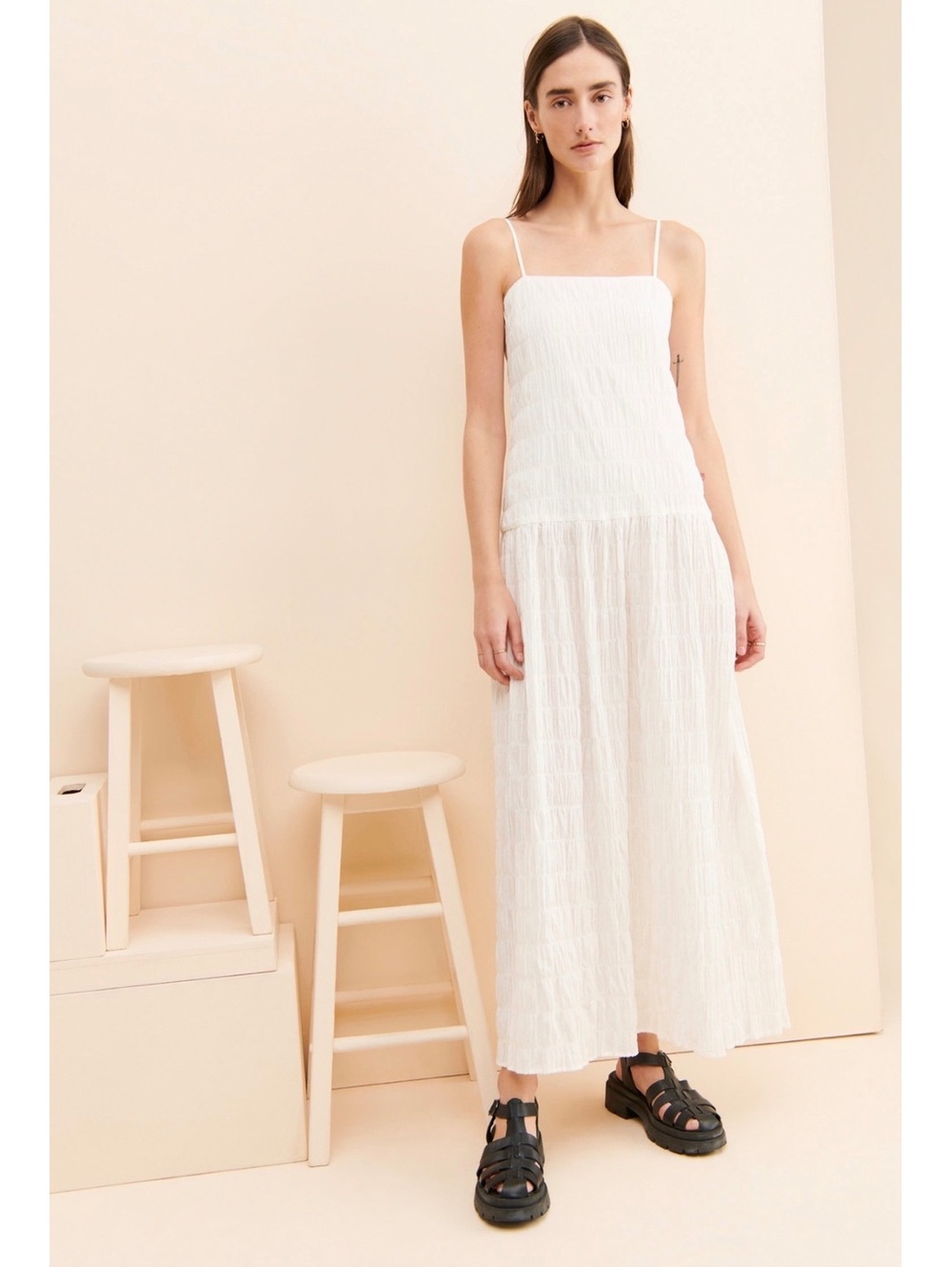 Third Form White Shirred Drop Waist Maxi Dress - 6